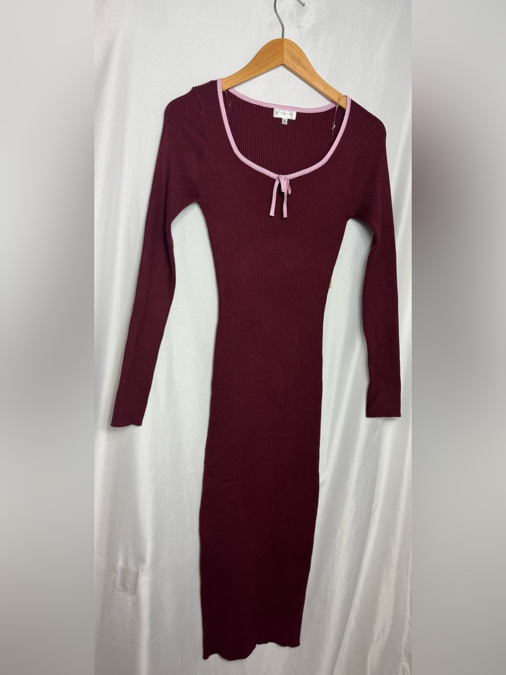 Ribbed Long Sleeve Bodycon Dress in Burgundy with Pink Trim Small NWT